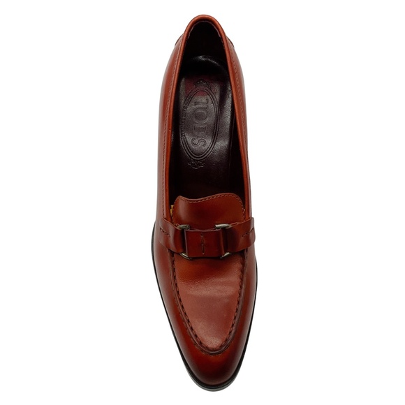 TOD'S BROWN LEATHER HEELED LOAFER PUMPS - Picture 4 of 9